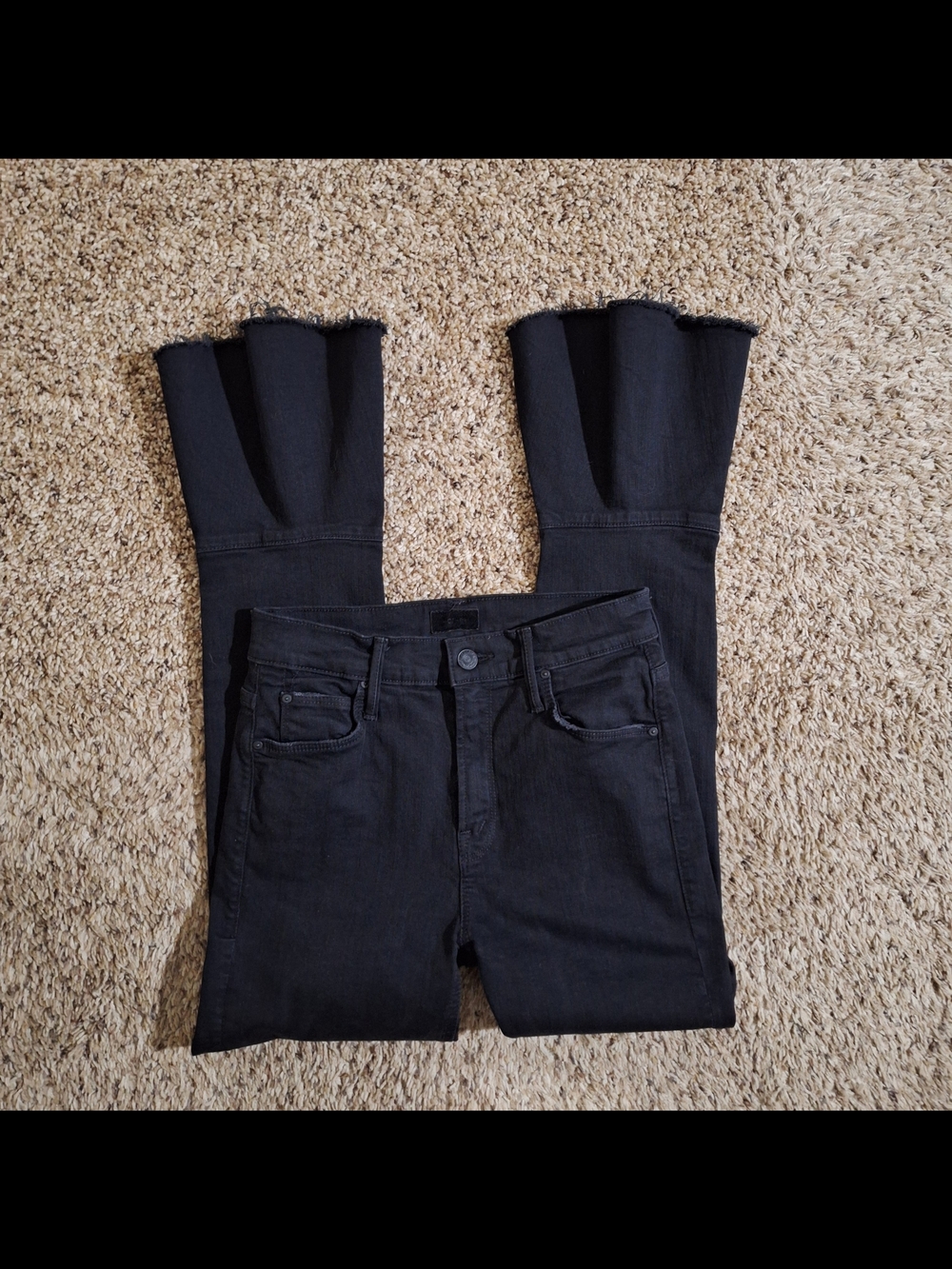 MOTHER The Cha Cha Fray Jeans Not Guilty Black Ruffle Hem Flare Size 25